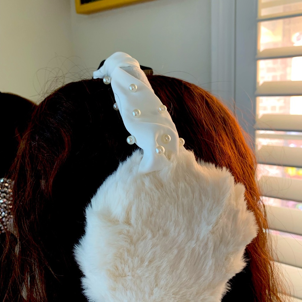 White soft faux fur/pearls ear muffin